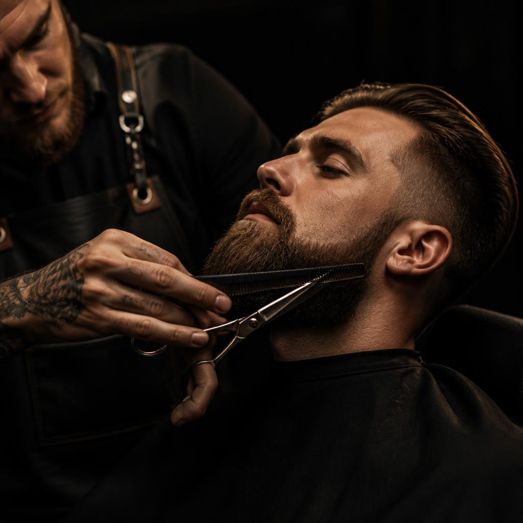 Beard trim with scissors and comb