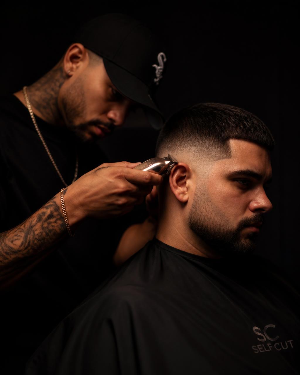Barber cutting a sharp fade at Slaven's Barbershop