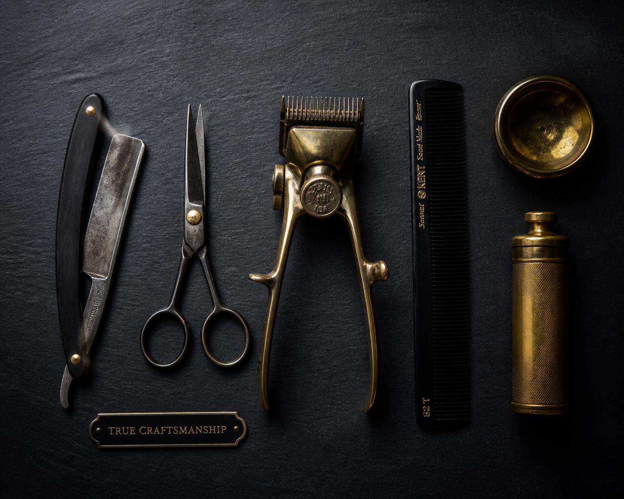 Straight razor, scissors, clippers and comb laid out on slate