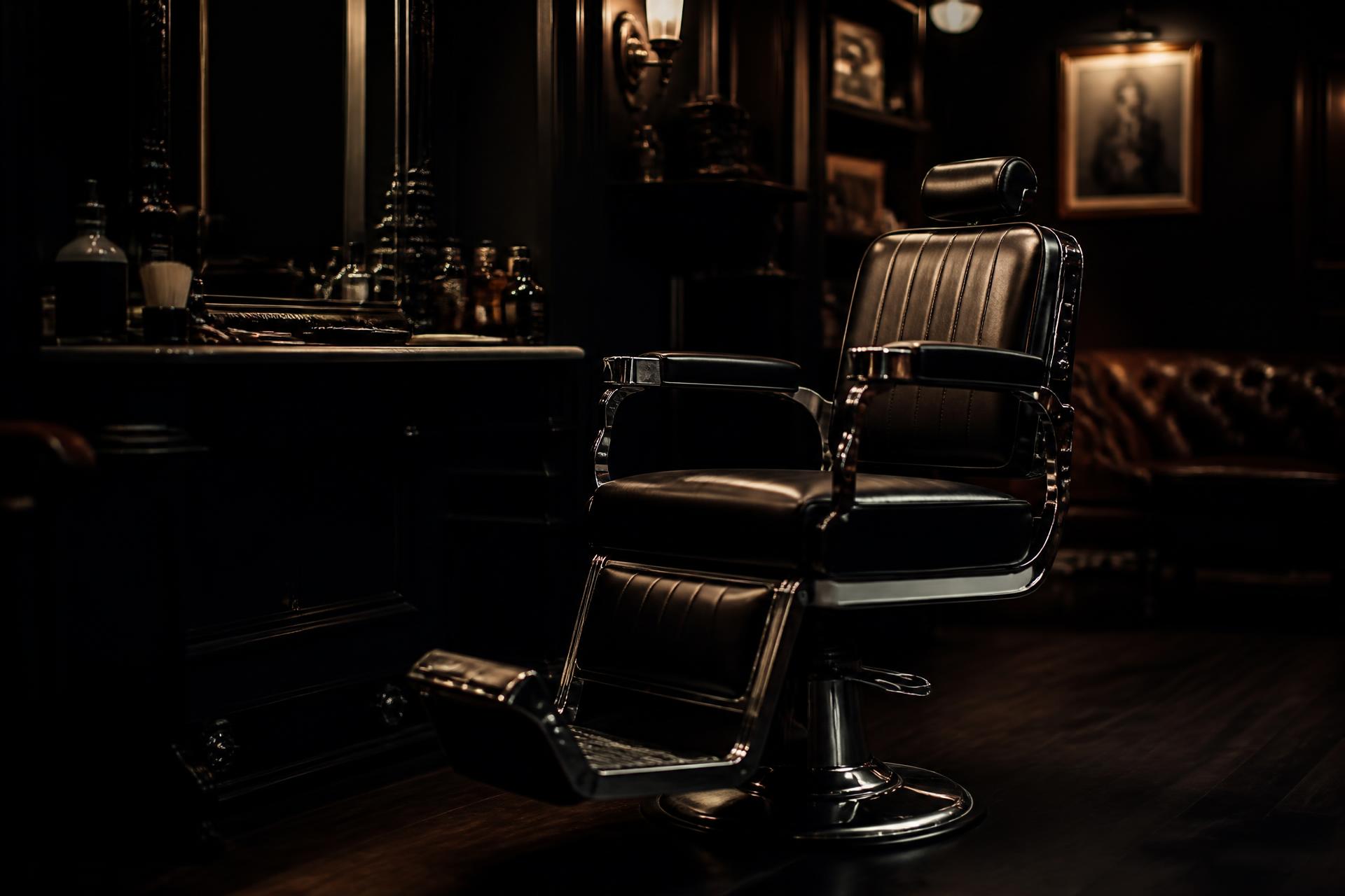 Interior of a classic barbershop with a leather barber chair in warm low light